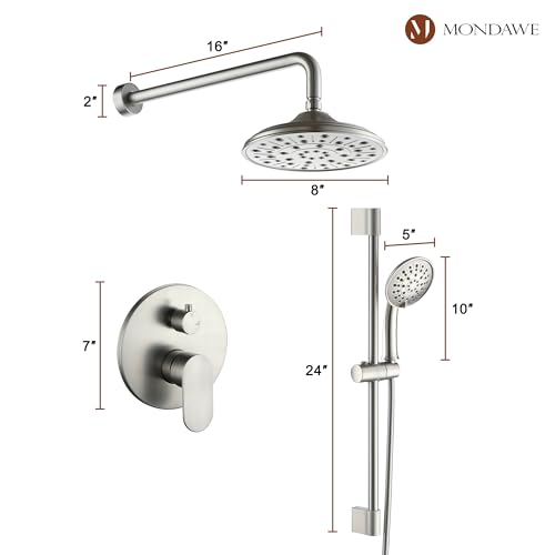 MONDAWE 8 Inch Wall Mounted Shower Faucet Set in Brushed Nickel, Rainfall Shower Head with 3-Setting Handheld Spray Shower Set Combo, High Pressure Shower System with Solid Brass Valve - color: Brushed Nickel, style: 8 IN - Without Tub Spout