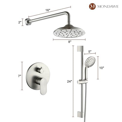 MONDAWE 8 Inch Wall Mounted Shower Faucet Set in Brushed Nickel, Rainfall Shower Head with 3-Setting Handheld Spray Shower Set Combo, High Pressure Shower System with Solid Brass Valve - color: Brushed Nickel, style: 8 IN - Without Tub Spout