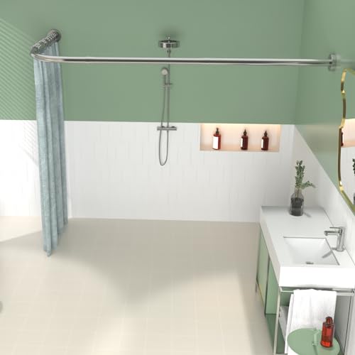 L Shaped Shower Curtain Rod, Adjustable 28-39X43-67In, 304, Silver | One Size Fits Most, Anti-Gravity Base, 304 Stainless Steel, with 18 Ring Hooks, Corner Shower Curtain Rod for bathroom, Drill - color: Silver, size: 28-39 X 43-67inch