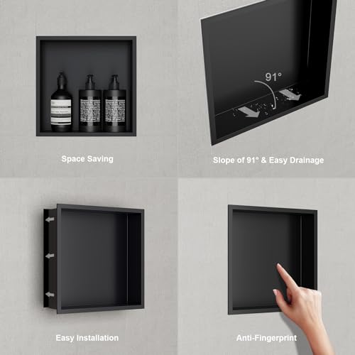 24x12 Shower Niche, No Tile Needed Insert, 304 Stainless Steel, Sloped Base, Matte Black in-Wall Shelf - color: Matte Black B, size: 12''×24''