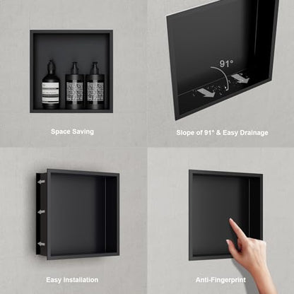 24x12 Shower Niche, No Tile Needed Insert, 304 Stainless Steel, Sloped Base, Matte Black in-Wall Shelf - color: Matte Black B, size: 12''×24''