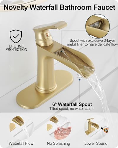Waterfall Faucet, Brass Gold Bathroom Faucet 1 Hole, 1 Handle Bathroom Faucets for Sink 3 Hole (4 Inch) with Pop-up Drain, Hoses & Deck Plate - color: Brushed Gold-Noble