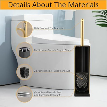 BGL Standing Toilet Brush and Holder Brushed Gold Aluminium Toilet Bowl Cleaner Brush and Holder for Bathroom Storage and Organization, Square Design Sturdy and Space Saving - color: Brushed Gold