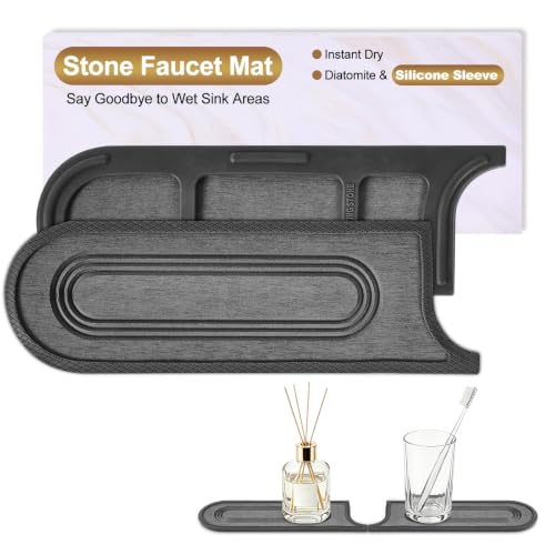 Faucet Mat for Kitchen Sink with Airflow Silicone Sleeve, Instant-Dry Diatomaceous Stone Sink Protector Tray Around Faucet for Kitchen, Bathroom, RV (Black Circle, 23.2" x 3.9" x 0.47") - color: Grey Circle - Dark Grey Silicone Edge