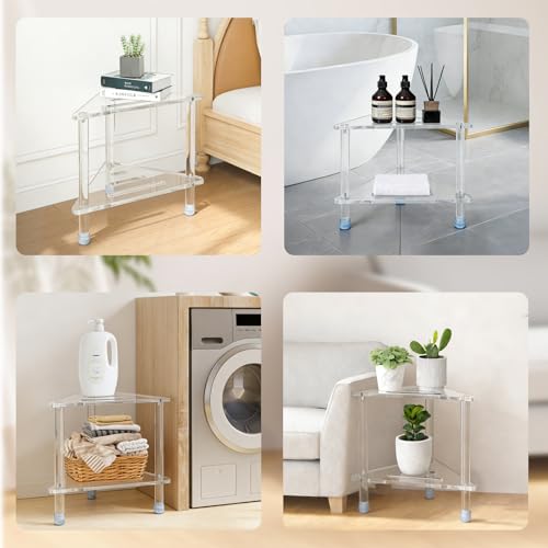 14.3''H Acrylic Corner Shower Stool for Shaving Legs | Clear Waterproof Foot Rest with Storage Shelf, Triangle Bench for Inside Small Spaces & Bath Supplies