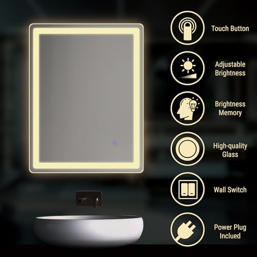 LED Bathroom Mirror Rectangle 24x32 Luxury Warm Light Vanity Premium Dimmable Touch Button Modern Decorative Shatter-Proof Wall Mount - size: 24"L x 32"W