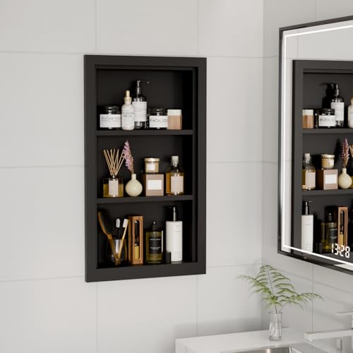 Solid Wood 14 X 24 Recessed Medicine Cabinet,3-Tier, Medicine Cabinet Organizer,Wall Niche, Bathroom Wall Cabinet, Recessed Bathroom Cabinet,recessed Wall Cabinet, Black - color: Black, size: Classic 3-Tier
