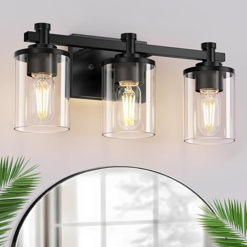 Bathroom Light Fixture, Bathroom Vanity Light Over Mirror, 3-Lights | Vanity Lights for Bathroom, Modern Lighting Fixtures with Clear Glass Shade, Black Vanity Lights, ETL Listed - color: Black, size: 3-Lights