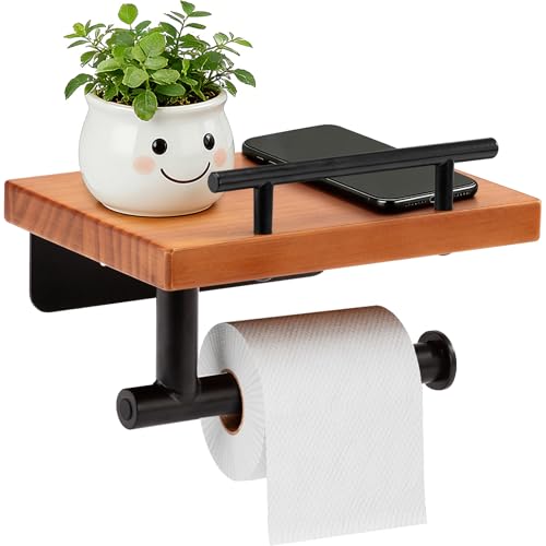 Toilet Paper Holder with Wood Shelf, Wall Mount Toilet Paper Roll Holder with Wooden Shelf and Matte Black Stainless Steel Pipe, Tissue Roll Holder for Bathroom Washroom (Light Brown, 7.9'' x 5.9'') - color: Light Brown, size: 7.9'' x 5.9''