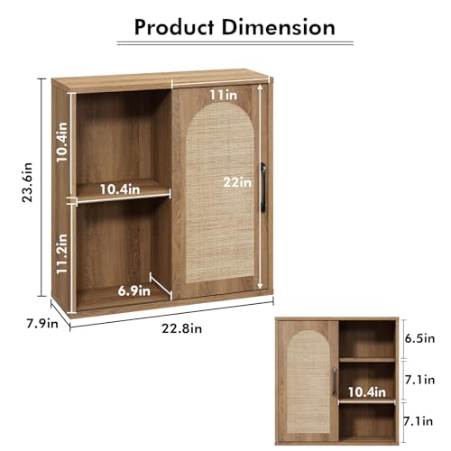 RUSTOWN Boho Rattan Bathroom Wall Cabinet with Sliding Door, Rustic Oak | Farmhouse Bathroom Cabinet, Adjustable Shelves, Over The Toilet Storage Cabinet, 3-Tier Wall Mounted Cabinets - color: Natural Oak