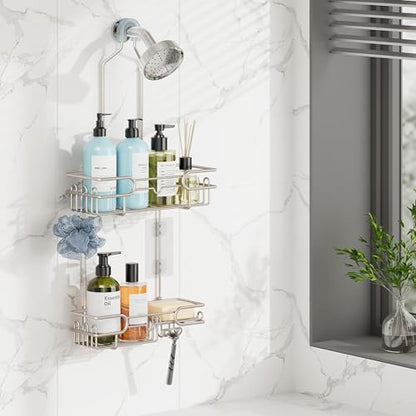 HapiRm Hanging Shower Caddy Organizer - Bathroom Organizer with 12 Hooks and Soap Holder, Rustproof Shower Shelf over Shower Head - Brushed Nickel - color: Brushed Nickel