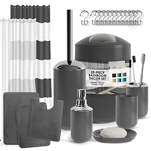 Clara Clark Bathroom Set - Gray Bathroom Accessories Set, Bathroom Sets with Shower Curtain and Rugs, 23PC Shower Curtain Set with Liner, Soap Dispenser, Soap Dish, Toilet Brush Holder, and Trash Can - color: Grey, size: Complete Set + Bath Rugs