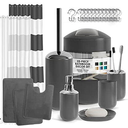 Clara Clark Bathroom Set - Gray Bathroom Accessories Set, Bathroom Sets with Shower Curtain and Rugs, 23PC Shower Curtain Set with Liner, Soap Dispenser, Soap Dish, Toilet Brush Holder, and Trash Can - color: Grey, size: Complete Set + Bath Rugs