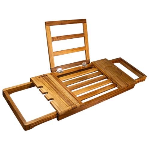 EcoDecors Expandable Teak Bathtub Tray Caddy – Adjustable Wooden Bath Tub Tray with Wine Glass Holder, Book & Tablet Stand, Spa Bath Caddy Organizer, Waterproof Solid Teak Bath Shelf