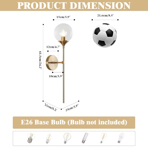 KCO 2 Pack Mid Century Modern Brass Gold Clear Glass Globe Wall Sconce | Reversible Up/ Down Mount, Long Rod Wall Lamp, Hardwired E26 Vanity Wall Light Fixture for Bedroom Bathroom Hallway Stairwell - color: Clear