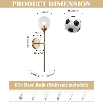KCO 2 Pack Mid Century Modern Brass Gold Clear Glass Globe Wall Sconce | Reversible Up/ Down Mount, Long Rod Wall Lamp, Hardwired E26 Vanity Wall Light Fixture for Bedroom Bathroom Hallway Stairwell - color: Clear