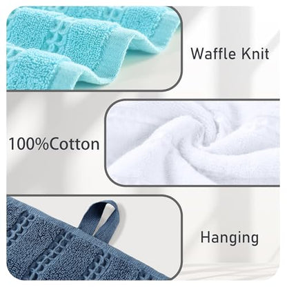VOOVA & MOVAS Hand Towels 4PC,13"x30", 100% Cotton,White & Aqua | Waffle Weave Fabric, Soft Lightweight & Absorbing, Quick Dry & Non-fading, Unshrinkable - color: White + Aqua