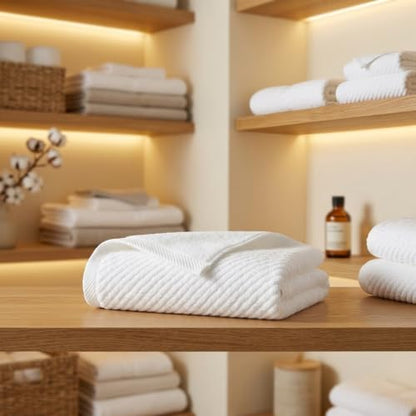 Cotton Bath Towel Set 500 GSM White Waffle Weave Diagonal Ribbed Towels for Bathroom Quick Dry Absorbent Washcloths Hand