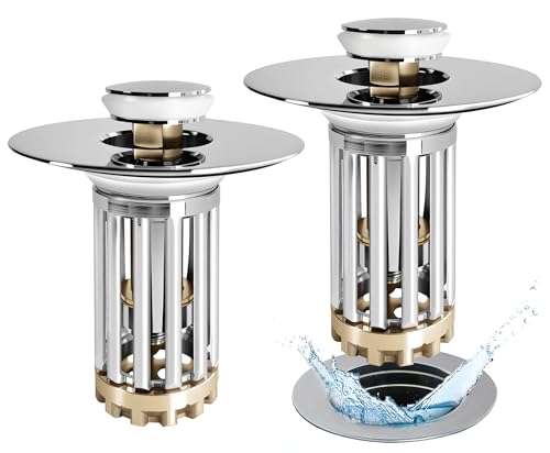 Anlige Bathroom Sink Drain Strainer, 2PCS 3 in 1 Pop Up Bathroom Sink Stopper with Removable Brass Basket Hair Catcher, Universal Sink Plug for 1.06 to 1.6in Drain Hole, Chrome Silver - style: Bathroom Sink Stopper Hair Catcher