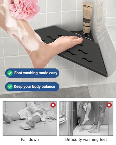 DAYONE Corner Foot Rest for Shaving Legs 10'' Black, Wall Mounted 304 Stainless Steel Footrest with Shaving Holder, Recessed Designed Foot Ledge for Bathroom Inside Shower