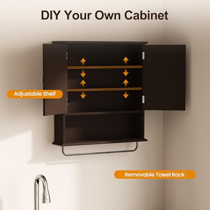 RoyalCraft Bathroom Medicine Cabinet Wall Mounted, Over the Toilet Storage Cabinet with Towel Rack and Adjustable Shelf, Large Bathroom Towel Cabinet Wall Mount 22x25 inch (Brown) - color: Brown