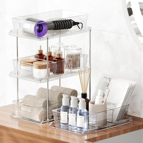 Bathroom Under Sink Organizers and Storage, 2 Tier, 2 Packs | Clear Vanity Countertop Pull-out Cabinet Organizer, Stackable Multi-Purpose Kitchen Pantry Organization with Dividers