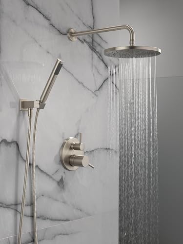 Delta Modern 14 Series Round Rain Shower System Faucet Set, Rainfall Brushed Nickel Shower Head and Handle Set, Valve Trim Kit, 10 Inch, Spotshield Stainless 342702-SP - color: Stainless