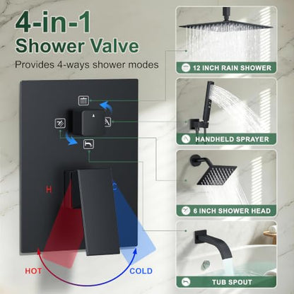 Rain Shower System with Rough-in Valve, Ceiling Mount Shower Faucet Set with 12" & 6" Dual Rain Shower Heads, 2-in-1 Handheld Shower, Tub Spout, 4-Function Complete Shower Fixture, Matte Black - color: Matte Black, size: Ceiling Mount-12"+6" head with Tub