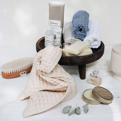 Waffle Washcloths Set, 100% Turkish Cotton (Beige) - color: Beige, size: Washcloths Set (4 Pieces)