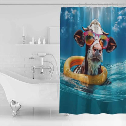 Waterproof Fabric Shower Curtain Cow Swimming in The Sea Shower Curtains for Bathroom, Quick-Drying, Machine Washable 36x72 Inch - color: Teal Blue, size: 36"W x 72"L (Pack of 1)