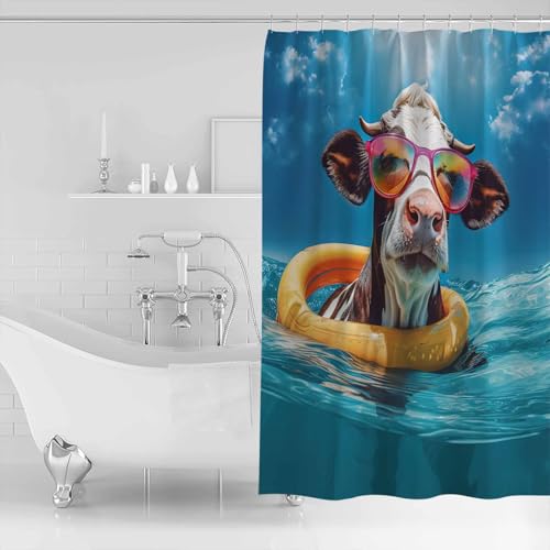 Waterproof Fabric Shower Curtain Cow Swimming in The Sea Shower Curtains for Bathroom, Quick-Drying, Machine Washable 72x72 Inch - color: Teal Blue, size: 72"W x 72"L (Pack of 1)