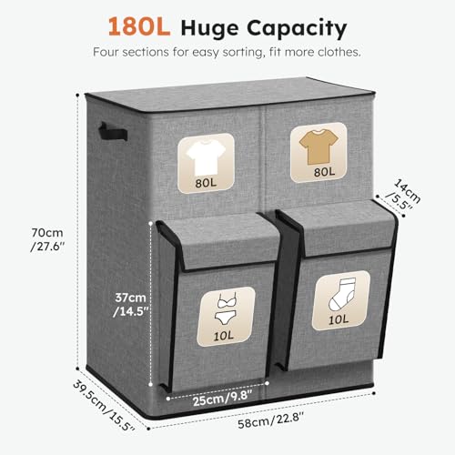 SOLEDI 180L Double Laundry Hamper with Lid and 2 Side Pockets, Dual Hamper | 2 Section Laundry Basket, Removable & Washable Laundry Bags, 180L Large Capacity, for Bedroom, Bathroom, Laundry Room, Dorm - color: Grey