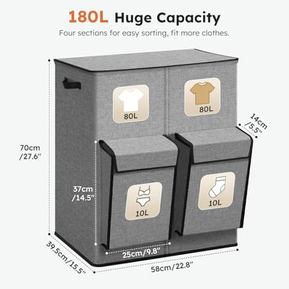 SOLEDI 180L Double Laundry Hamper with Lid and 2 Side Pockets, Dual Hamper | 2 Section Laundry Basket, Removable & Washable Laundry Bags, 180L Large Capacity, for Bedroom, Bathroom, Laundry Room, Dorm - color: Grey