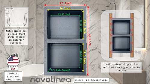 Ready-to-Tile Rectangular Shower Niche – 28" x 17" Double Equal Shelves – Made in USA – Recessed Bathroom Storage - size: 28" x 17" Double Equal Shelves (USA)