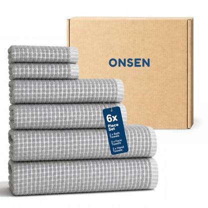 ONSEN Sculpted Terry Towel Set, 100% American Cotton, Quick Dry Lint Free, Lightweight Absorbent Face Hand Bath Towels with Hanging Loop (Grey Fog, 2X Bath Towel, 2X Hand Towel, 2X Face Towel) - color: Grey Fog, size: 2X Bath Towel, 2X Hand Towel, 2X Face