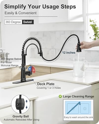 3 Modes Bronze Kitchen Faucet with Pull Down Sprayer, Single Hole Kitchen Sink Faucet 3 Hole, Stainless Steel High Arc Spring Style, 360 Degree Swivel with One Handle & Deck Plate for Farmhouse - color: Oil Rubbed Bronze - Antique