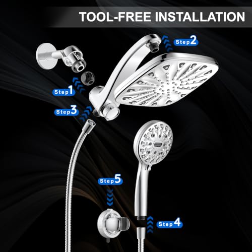 Dual Rainfall Shower Head With Handheld Showerhead, High Pressure Shower Head With Handheld Spray, 8-Mode Showerhead with Adjustable Extension Arm, 71Inch Shower Hose & Suction Cup Holder, Chrome - color: Chrome
