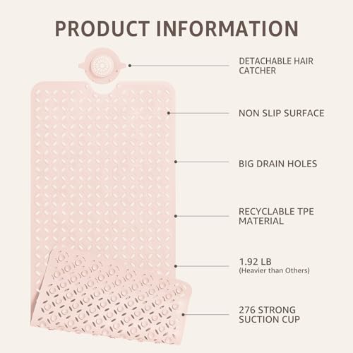 OTHWAY Bath Mat for Tub Non Slip: 39" X 17" Long Bathtub Mat with Hair Catcher│Big Drain Holes Shower Mats for Inside Shower│Machine Washable (Pink) - color: Pink