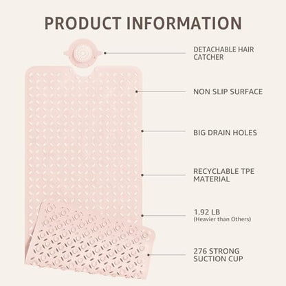 OTHWAY Bath Mat for Tub Non Slip: 39" X 17" Long Bathtub Mat with Hair Catcher│Big Drain Holes Shower Mats for Inside Shower│Machine Washable (Pink) - color: Pink