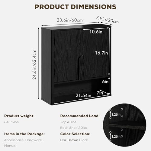 RUSTOWN Wall Mounted Bathroom Cabinets with Rounded Edges & Curved Handles | Adjustable Shelf, 3-Tier Over The Toilet Storage Cabinets, Modern Medicine Cabinet for Laundry Kitchen Living Room - color: Rustic Black