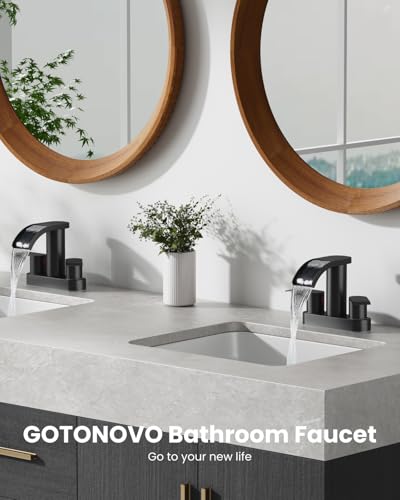 gotonovo 4’’ Centerset Bathroom Sink Faucet Waterfall Matte Black | SUS304 Bathroom Faucet,2.17’’ Wide Spout,24’’ cUPC Water Line,Pop up Drain,2 Handle,Basin,Vanity,RV,Lavatory 2 or 3 Hole Sink - color: Black