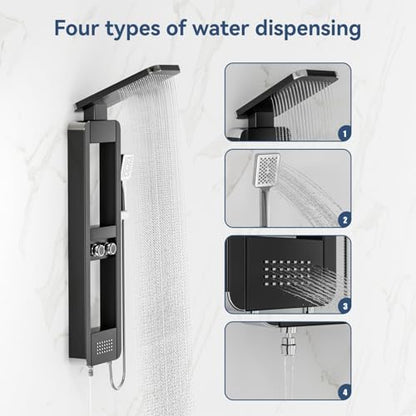 ELLO&ALLO Shower Panel Tower System with Shelf, Rainfall Shower Head and Rain Massage System with Body Jets, Stainless Steel Bathroom Fixtures, Black&Chrome