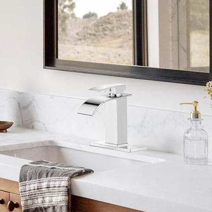 SAGETTA Bathroom Faucet, Single Handle Bathroom Sink Faucet for 1-Hole or 4-Inch 3-Hole Vanity Sinks, Includes Pop-Up Drain, Hot & Cold Supply Lines and Deck Plate, Chrome Finish - color: Chrome, style: 1