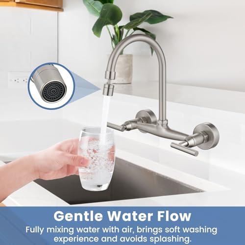 Airuida 8 Inch Center Wall Mounted Kitchen Sink Faucet | 360° Degree Swivel Spout,Double Handle,Wall Mount Utility Sink Faucet - color: Brushed Nickel
