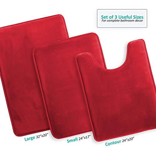 Clara Clark 3 Piece Bathroom Rugs Bath Mat Set, Velvet Memory Foam Bath Mats for Bathroom - Non-Slip, PVC Backing Bath Rugs, Washable - Dries Quickly, Burgundy - color: Red