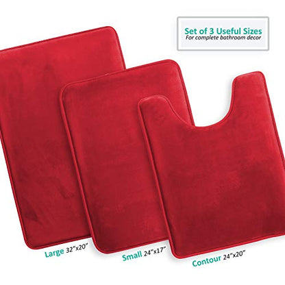 Clara Clark 3 Piece Bathroom Rugs Bath Mat Set, Velvet Memory Foam Bath Mats for Bathroom - Non-Slip, PVC Backing Bath Rugs, Washable - Dries Quickly, Burgundy - color: Red