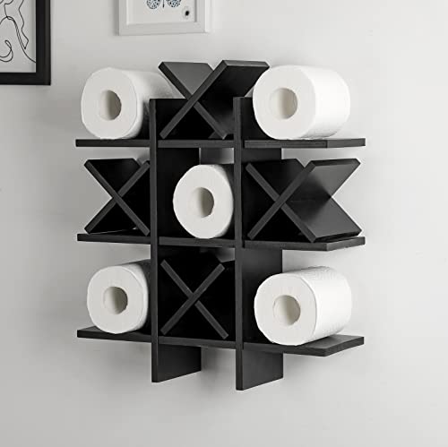 Weysat Tic Tac Toe Toilet Paper Holder Stand Bathroom Wall Decor Rustic Wooden Hanging Storage Freestanding Wall Mounted Shelves Decor for Toilet Tissue Farmhouse - color: Black