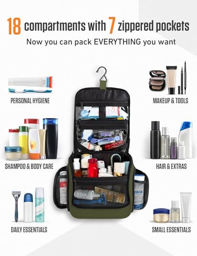 VENTURE 4TH Hanging Travel Toiletry Bag, 18 Compartments - Dark Green | Hangs on rails, hooks or doors; stands upright. Removable TSA pouch. Water-resistant Nylon 290D Twill, reinforced stitching. - color: Dark Green
