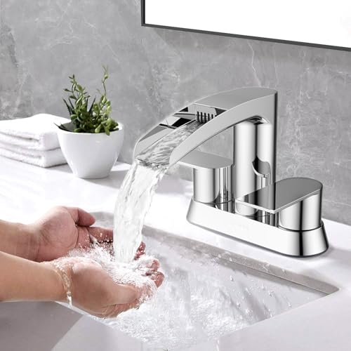 Bathroom Sink Faucet for 3 Hole, Hurran 4 Inch Bathroom Faucets with Pop-up Drain, Stainless Steel 2-Handle Waterfall Faucet for Bathroom Sink, Chrome - color: Chrome