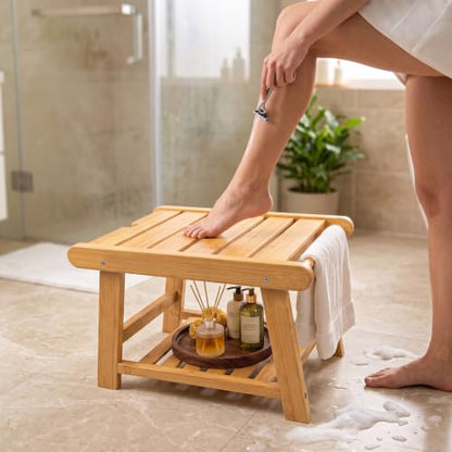 Bamboo Shower Bench Stool for Inside Shower Chair | Waterproof Shower Stool for Shaving Legs to Sit On, Spa Shower Seat Storage Shelf, Bathroom Bench Foot Rest